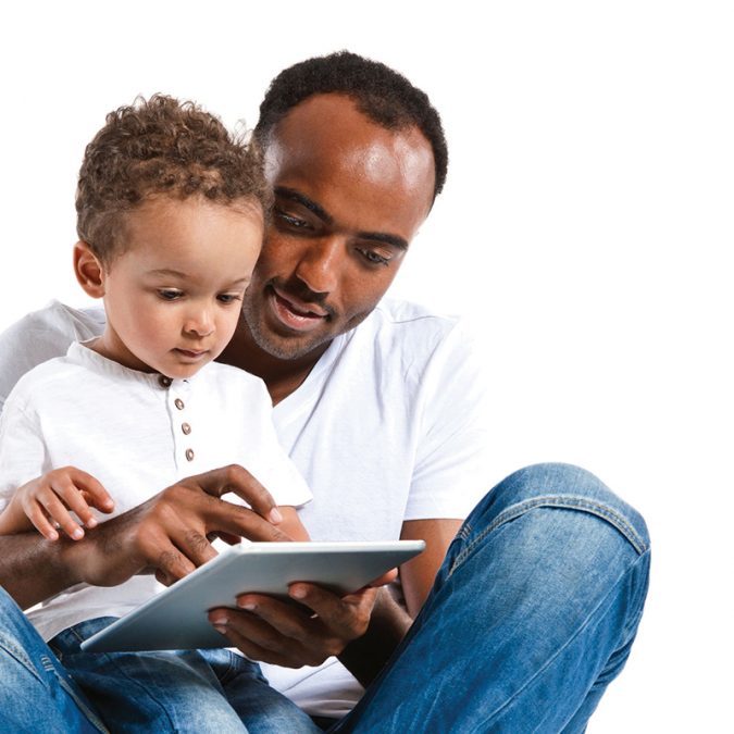 Father Playing on Tablet with Son