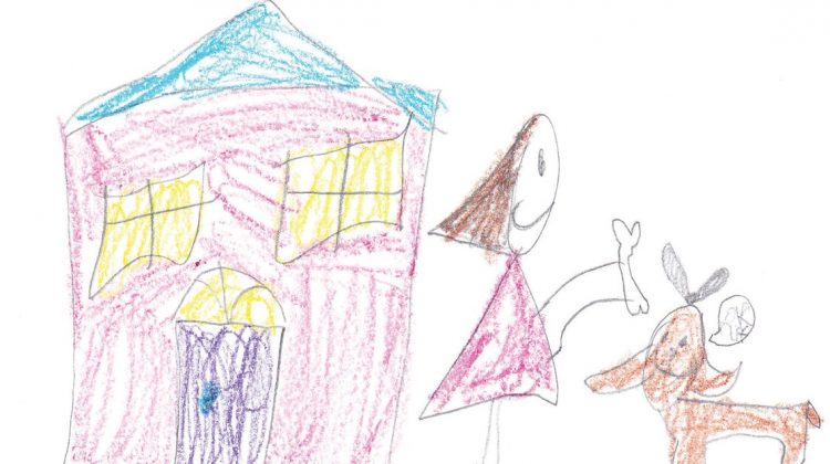 Kids Drawing of Girl Giving a Dog a Bone with House