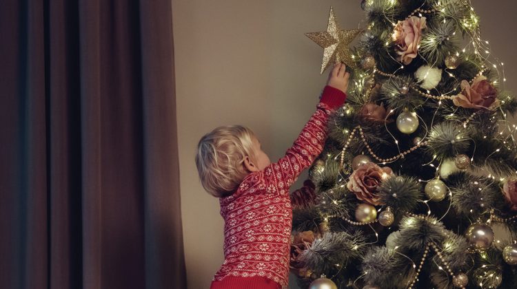 Little boy decorating Christmas tree