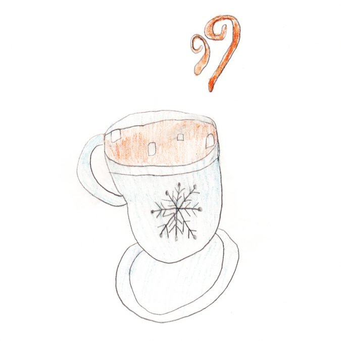 Drawing of steamy hot chocolate in mug