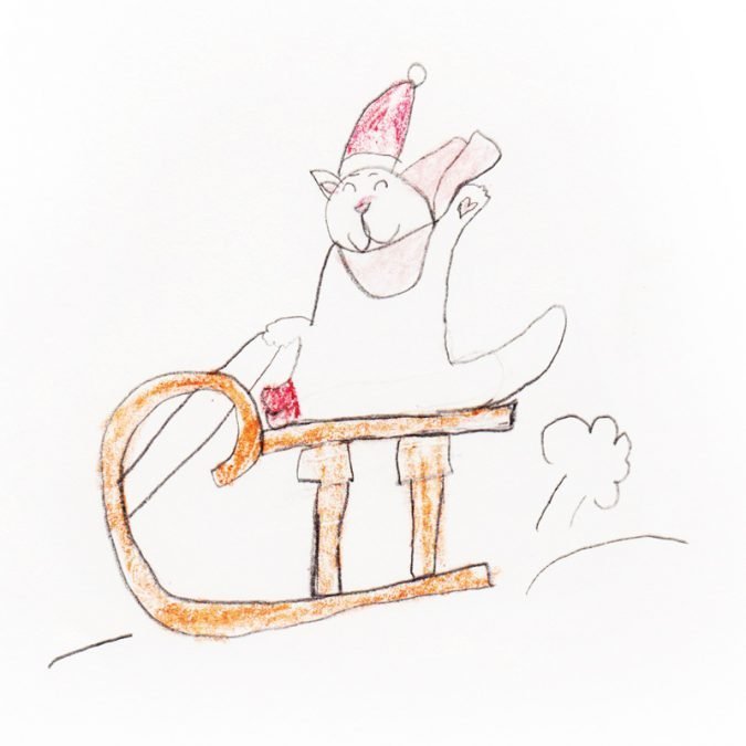 Drawing of cat riding sled