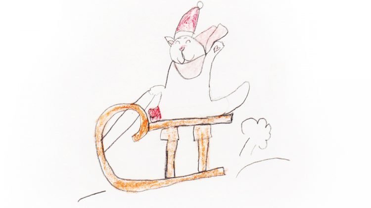 Drawing of cat riding sled