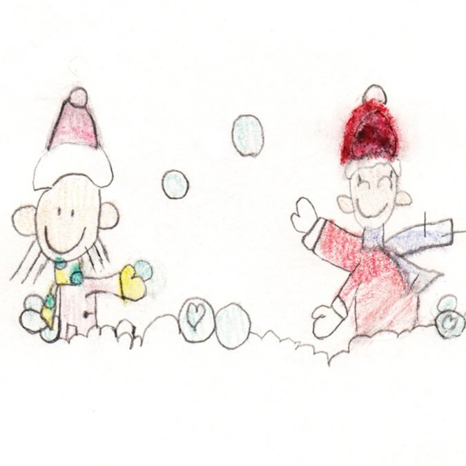 Drawing of boy and girl having snowball fight