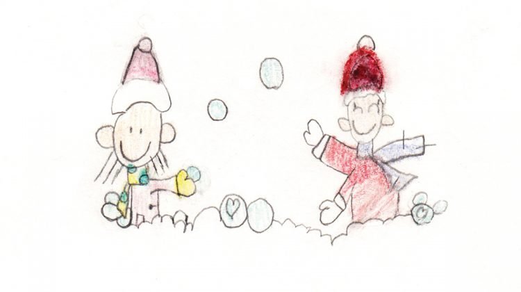 Drawing of boy and girl having snowball fight