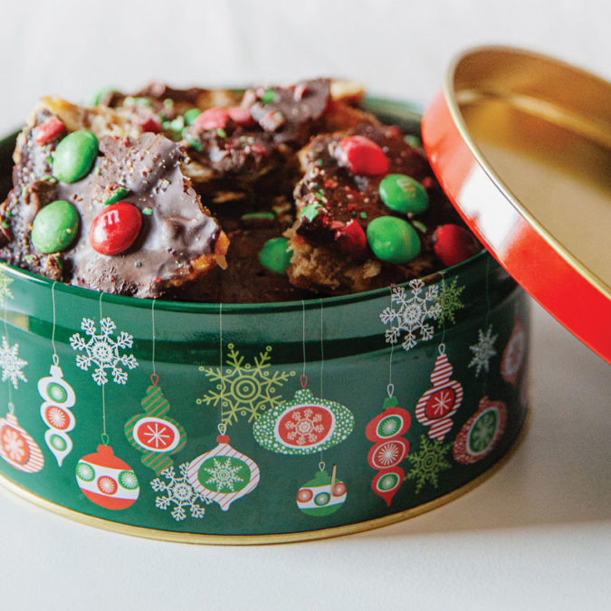 Christmas Cracker Toffee with M&M's inside Christmas tin