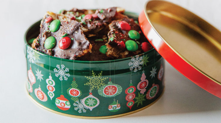 Christmas Cracker Toffee with M&M's inside Christmas tin