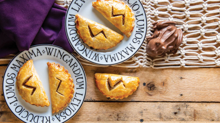 Overhead photo of pumpkin pasties and chocolate frog